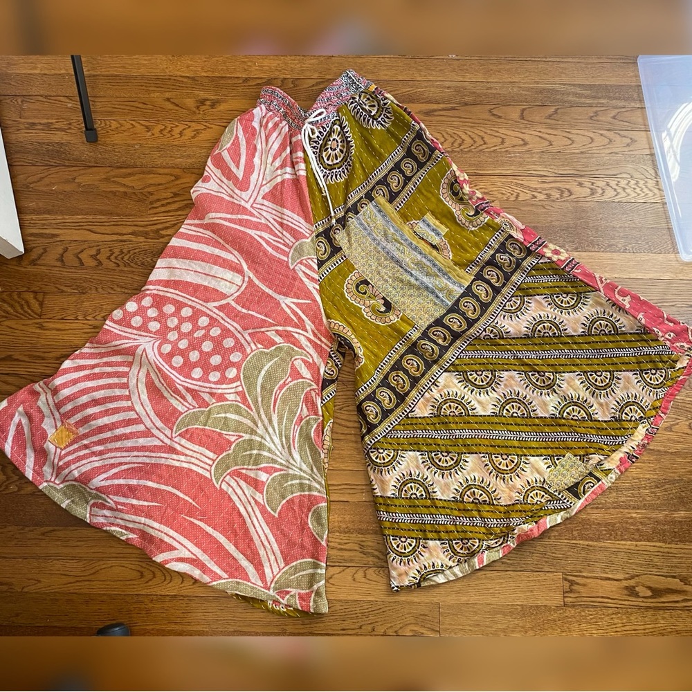 🌺 Kantha Wide-Leg Patchwork Pants | Handmade Cotton Sari | Boho Hippie Lounge OS - Picture 2 of 7